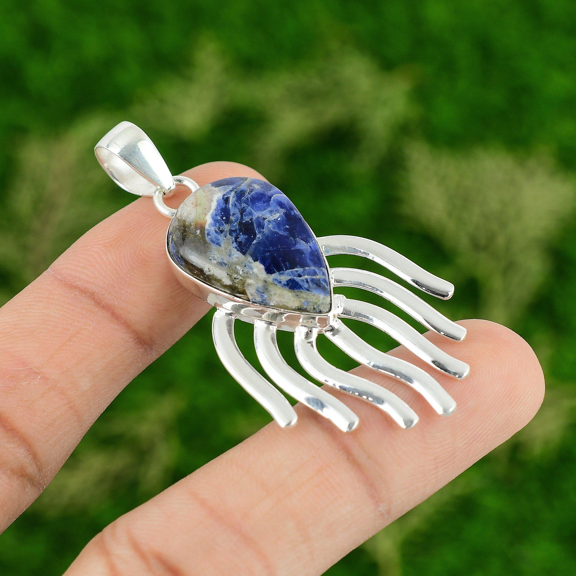 

Daughters Day Deal Pear Natural Sodalite Ethnic Handcrafted Pendant 925 Silver