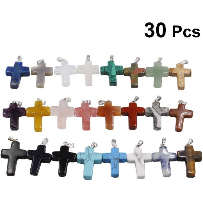 30PCS 24 Color Stone Cross Gemstone Pendants Charms Cross Quartz Charms Without Chain Jewelry Making Supplies for Necklace Earring (Mixed Color)