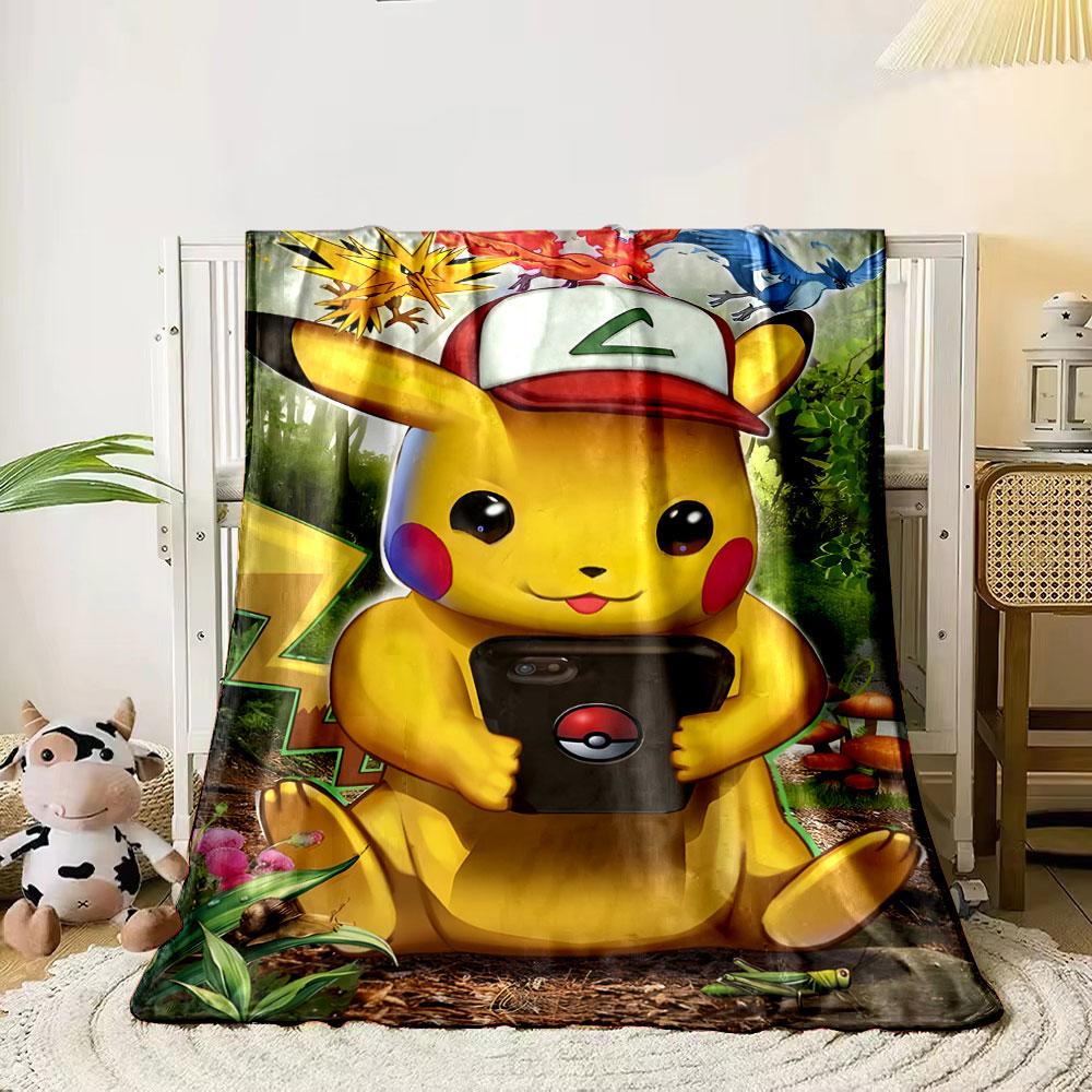 

Pikachu with a phone, wearing a hat, surrounded by legendary Pokémon. for all seasons blanket lunch break throw gift 80cm x 120cm