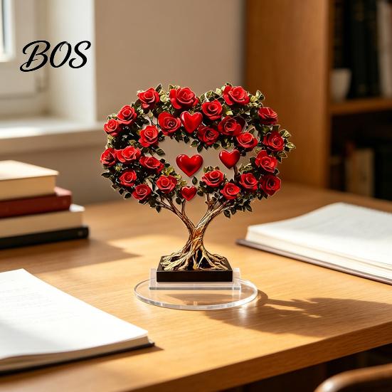 Crystal Rose Ornament Acrylic Ornament, 2D Flat Flower Decoration with Base, Table Art Centerpiece Romantic Desktop Decor for Home Shelf Cabinet