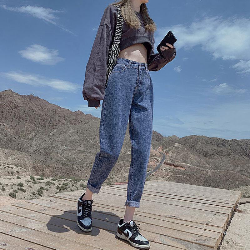 High-Waisted Fleece-Lined Korean Style Jeans for Petite Women, Autumn/Winter, Loose Fit, Straight Leg, Harem Carrot Cut.