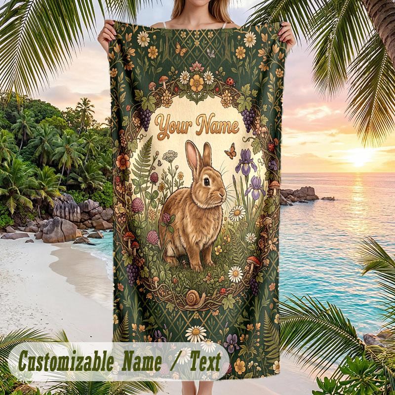 Rabbit Family Frame Theme Quick Dry Beach Towel Custom Name Text Print Large Sand Resistant Towel Beach Vacation