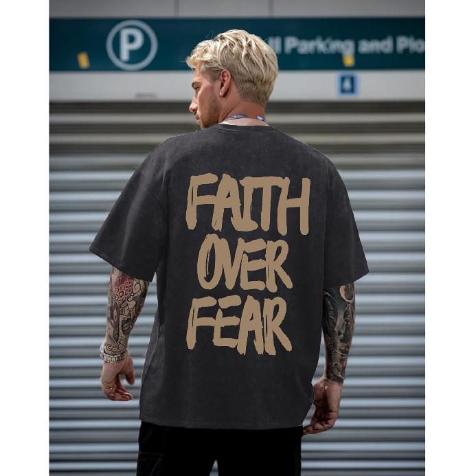 Christian Shirts for Men Faith Over Fear Shirt Jesus Religious Tshirt Oversized Graphic Tees Acid Wash God T-Shirt