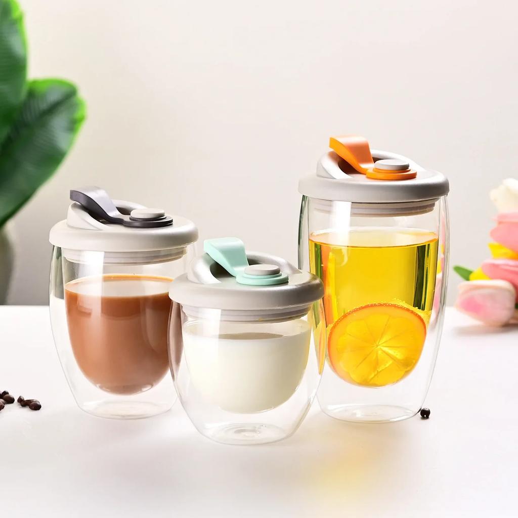 2025 New Portable Water Cup Double Wall Glass Cup With Leak-Proof LidTransparent Insulated Coffee Cups Milk Tea Juice Mug Drinkw