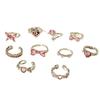 10Pcs/Set Y2K Pink Zircon Heart Bowknot Open Rings Set for Women Fashion Metal Irregular Adjustion Finger Ring Wedding Jewelry