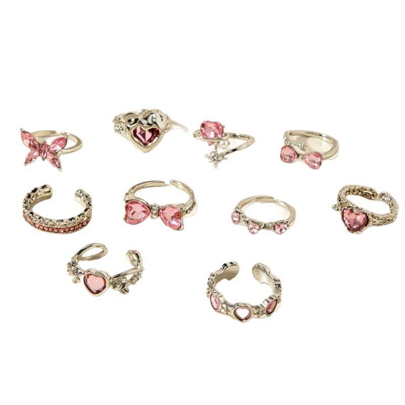 10Pcs/Set Y2K Pink Zircon Heart Bowknot Open Rings Set for Women Fashion Metal Irregular Adjustion Finger Ring Wedding Jewelry