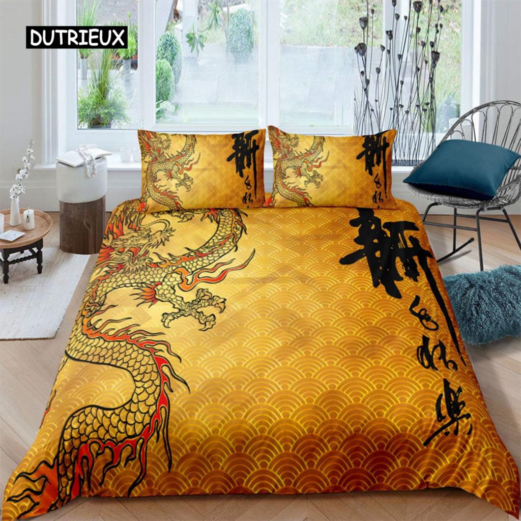 Red Flame Dragon Duvet Cover Set Chinese Dragon Culture Fairy Tale Bedding Sets Microfiber For Children Women Men Bedroom Decor