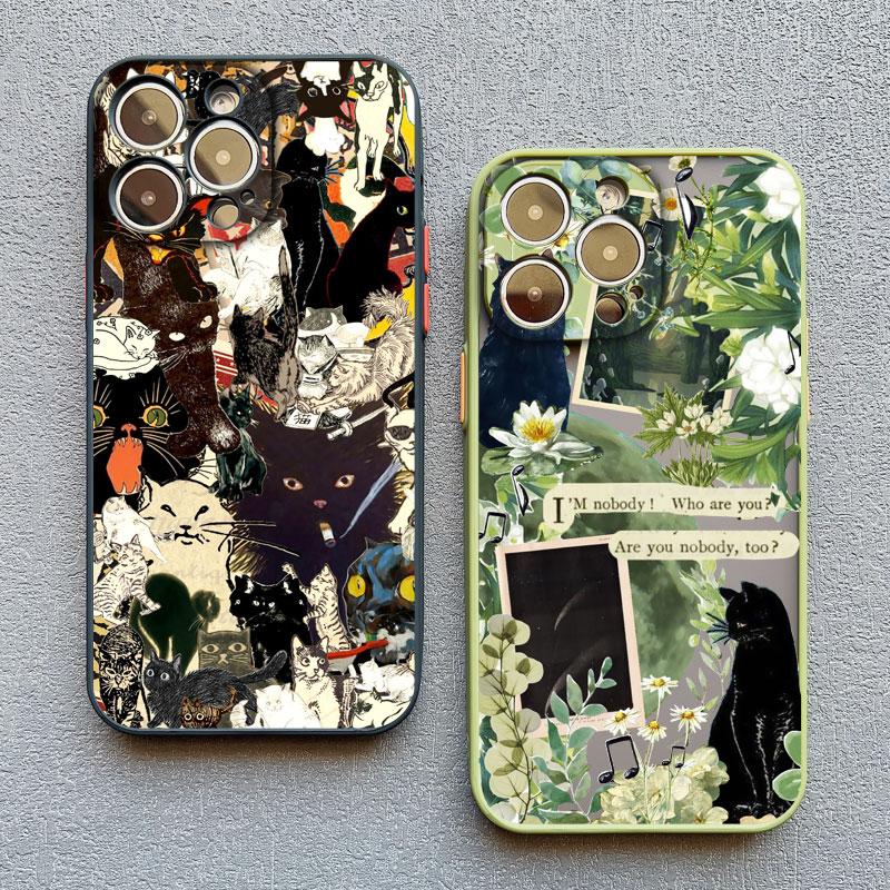 Retro Black Cat White Kitten Illustration Phone Case For iPhone 17 16 15 14 13 11 12 Pro Max Mini 15 16 Plus Case Cute Cartoon