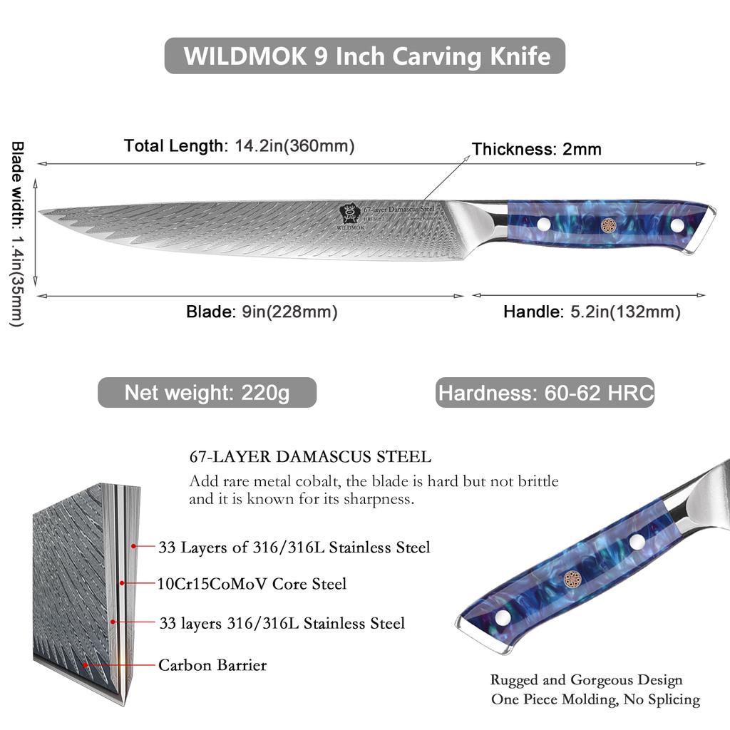 WILDMOK 9 Inch Damascus VG10 High Carbon Stainless Steel Meat Fruit Cutting Kitchen Slicing Knife with Resin Handle