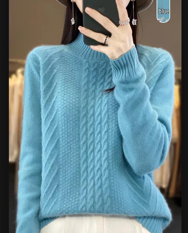 Women's Half High Neck Wool Sweater - Solid Color, Cable Knit, Cashmere Blend, Thickened Base Layer, 2023 Autumn/Winter Trendy.