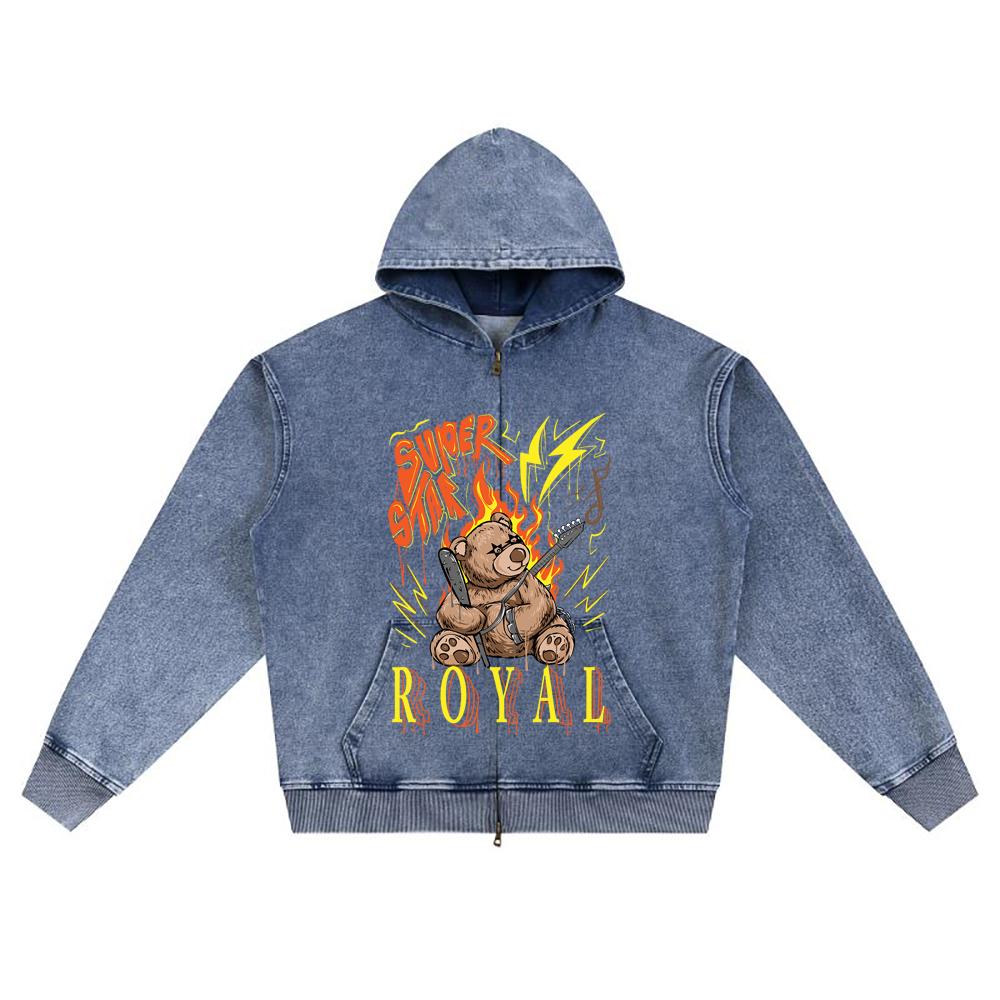 DTG Print Knitted Denim Zip-Up Hoodie Bear and Guitar Brother Print Zipper Hoodies