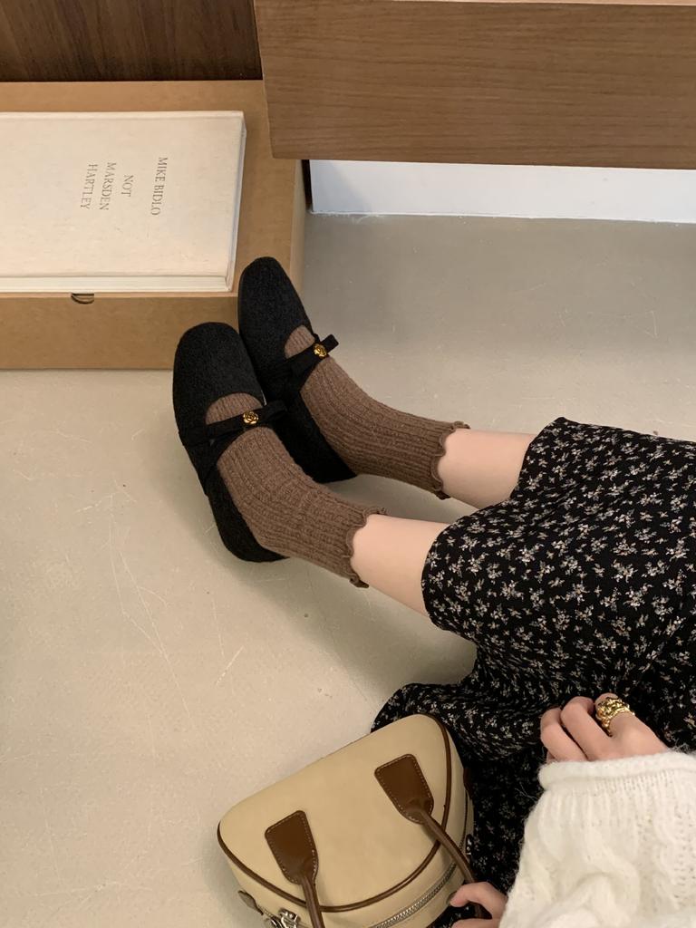 2025 Autumn and Winter New Round Head Bow Inner Slope Heel Velvet Warm Mary Jane Women's Shoes