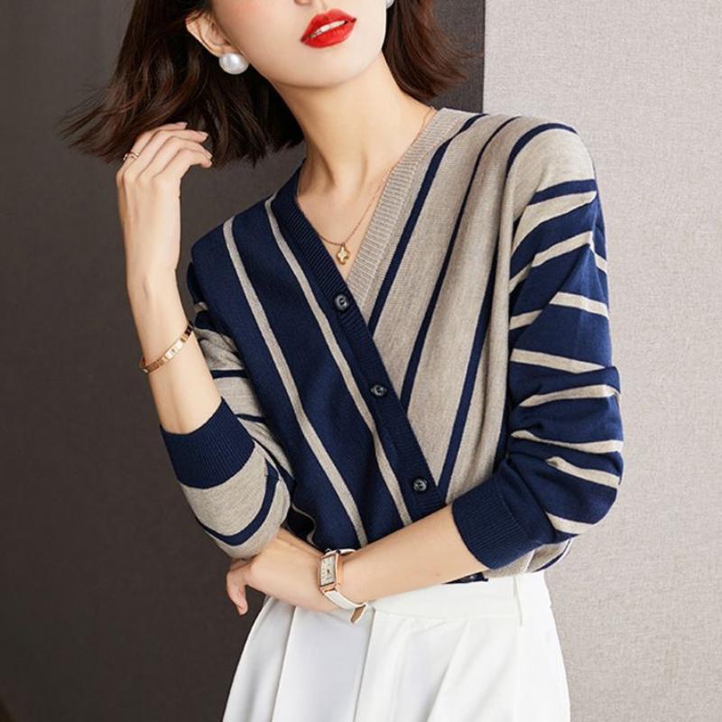 Autumn and Winter New Elegant and Versatile Temperament Women's Clothing Splice Button V-Neck Long Sleeve Stripe Pullover