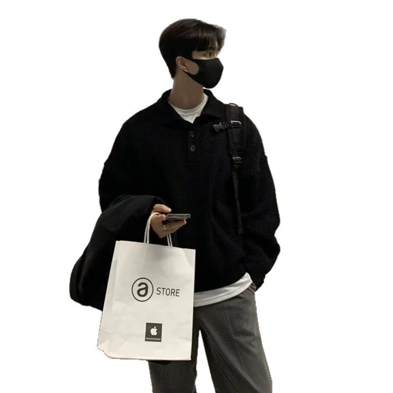 Men's Oversized Knit Polo Collar Sweater - Autumn/Winter Trendy Hong Kong Style, Solid Color Lapel Shirt