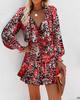 Trendy Women's Print V-Neck Waist-Cinching Dress with Long Sleeves