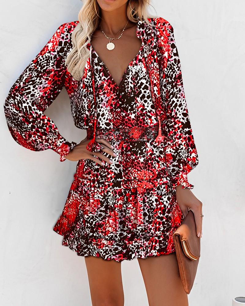 Trendy Women's Print V-Neck Waist-Cinching Dress with Long Sleeves
