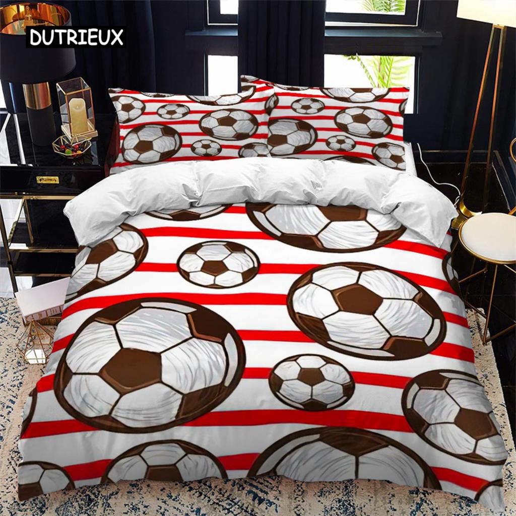 Soccer Duvet Cover Set 2/3pcs FootBall Print Bedding Set with Comforter Cover and Pillowcases Ball Theme for Kids Teens Adults