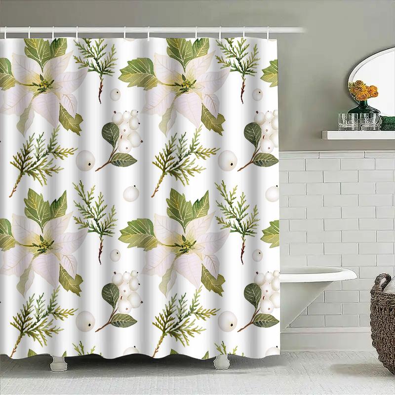 Julblomma Duschdraperi Vattentätt Dekorativt Duschdraperi Hemdekoration Vit Grön Blad Växt Blomstermönster Badkar R
