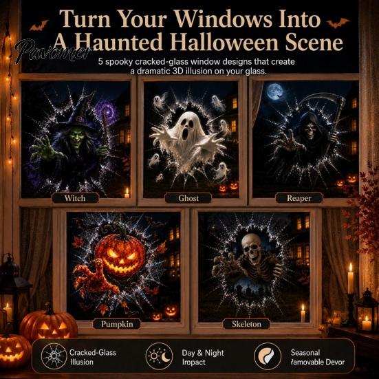 Ghost Witch Decals Halloween Window Decal, 3D Crack Glass Spooky Decoration, Pumpkin Skeleton Indoor Ornamentation Break in Stickers, Illusion Mirror