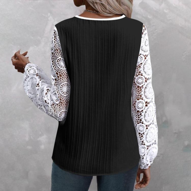Loose Long Sleeve V Neck Lace Patchwork T Shirt Top Women Casual Tee