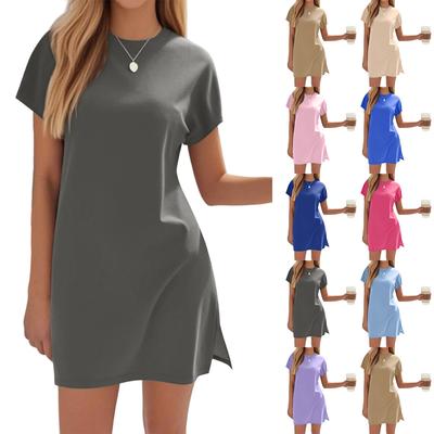 Damen Überwürfe Kurzarm T-Shirt Kleid Lässig Seitenschlitz Locker Knielang Strandkleid