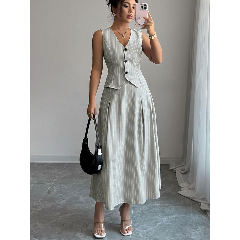 Tank Top and Skirt Set Western Style Elegant New Stripe Vest Vest Skirt Two-piece Set