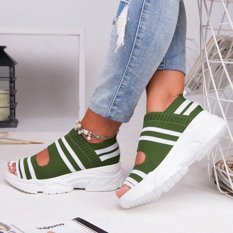 2 New Knitted Sandals Women's Summer Flat-bottomed Versatile Comfortable Elastic Thick-soled Sports Fish Mouth Shoes