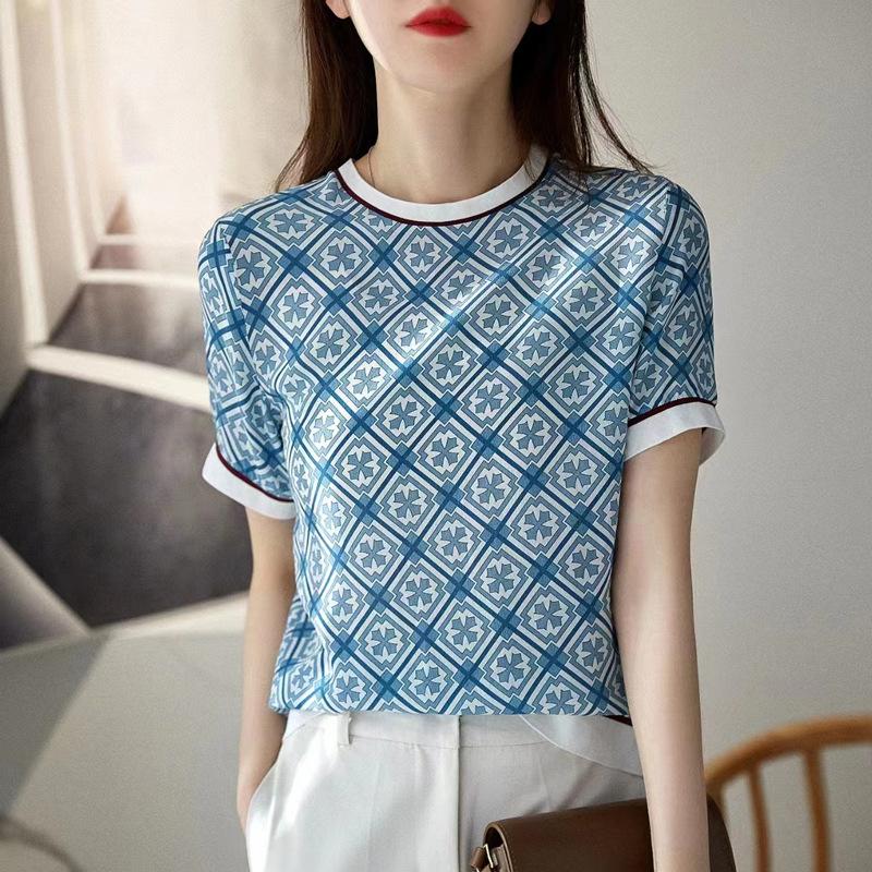 

Сине-белая фарфоровая футболка с круглым вырезом из гребенного хлопка с коротким рукавом. Летняя новинка. Свободная и универсальная модная футболка высокого класса с коротким рукавом. XXL синий