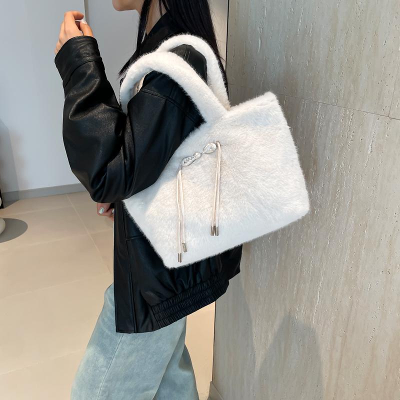 Puffer Handbag Women's Bag Faux Fur Shoulder Bag Autumn Winter Plush Tote Bag Casual Fuzzy Large Capacity Shopping Bag 2023 New