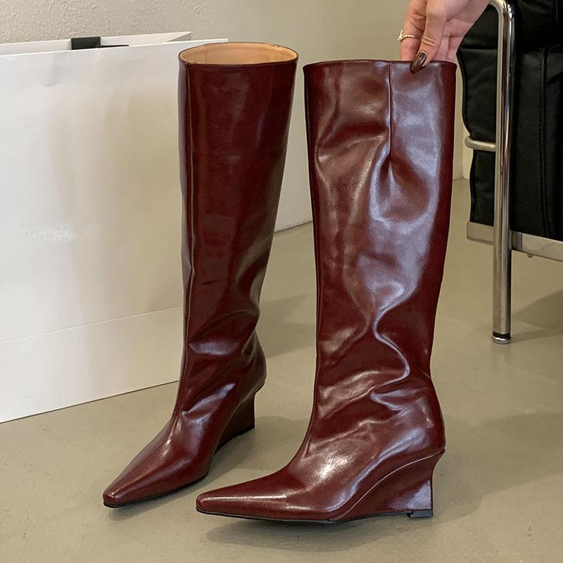 Fashion Fashion Pointed Toe Modern Ladies Knee High Boots With Wedges Shoes Female Slip On Footwear Women Long Boots Heeled Shoes Pumps