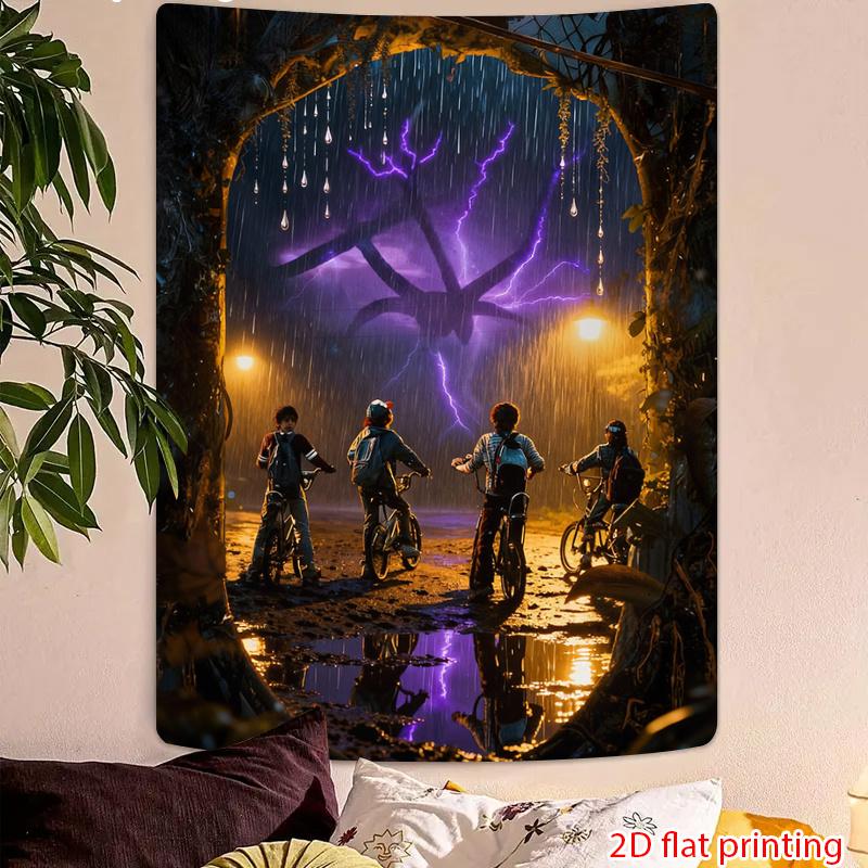 

Stormy Adventure Tapestry Kids on Bikes in Rainy Night Mysterious Glow Polyester 5161 in for Bedroom or Dorm 74x94cm(29x37in)