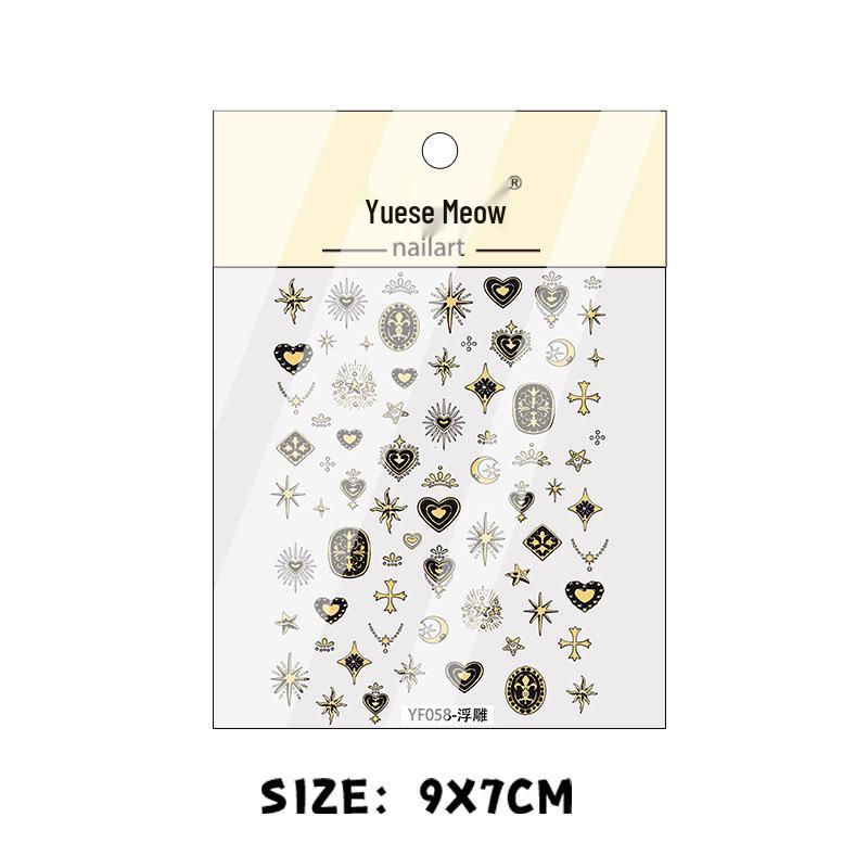 New Gothic Chrome Heart and Cross Nail Stickers: European & American Embossed Black and White Design