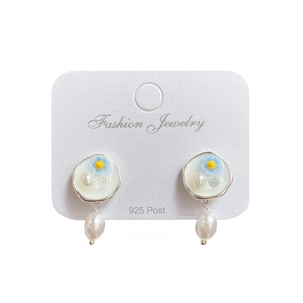 Summer Floral Cat's Eye Earrings: Delicate Silver Needle Design for Women