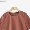 ZANZEA Women Casual Round Neck Summer Short Sleeve Plain Blouse