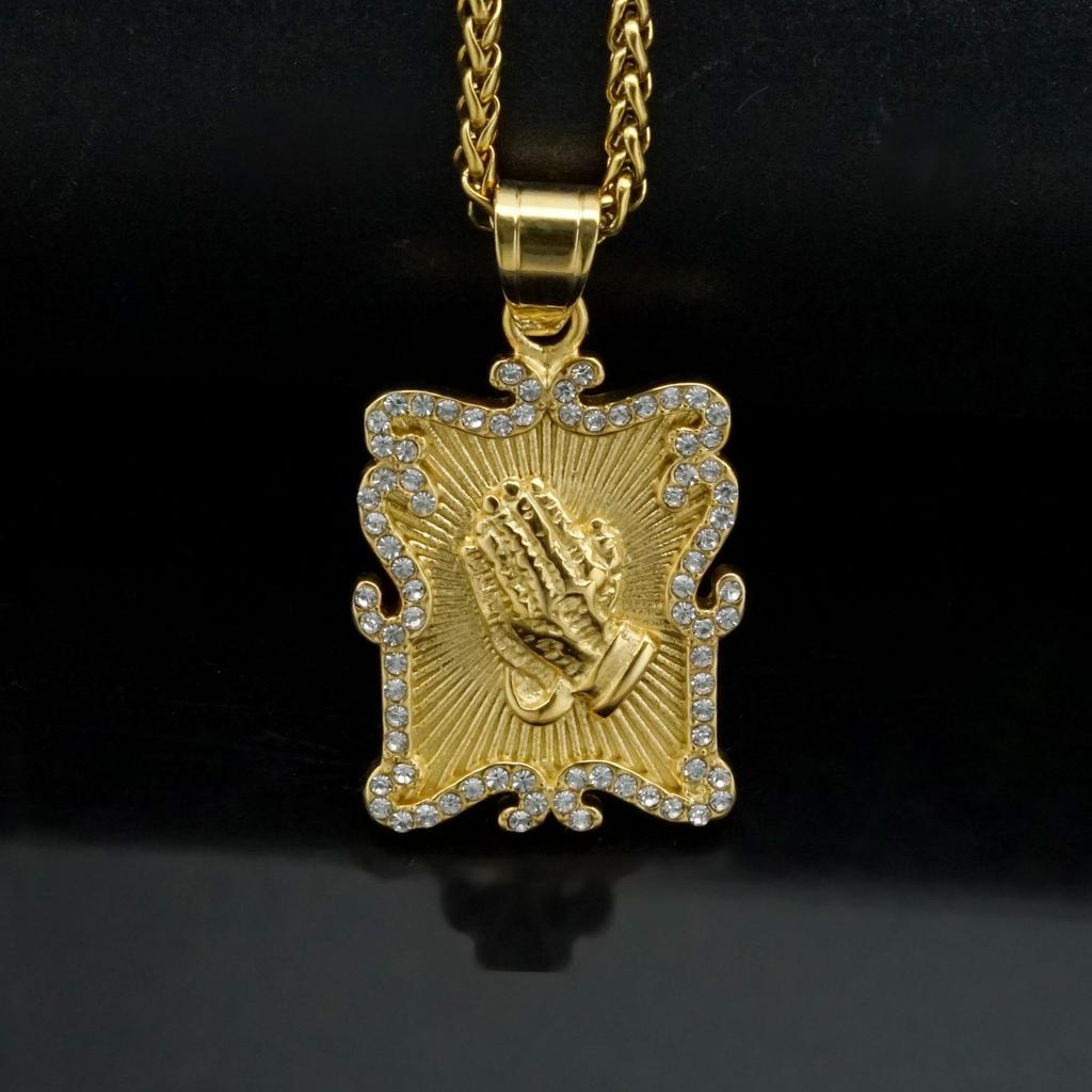 New Trendy Praying Hands Pendant with Rhinestone Men's Necklace Fashion Religious Amulet Pendant Accessories Party Jewelry