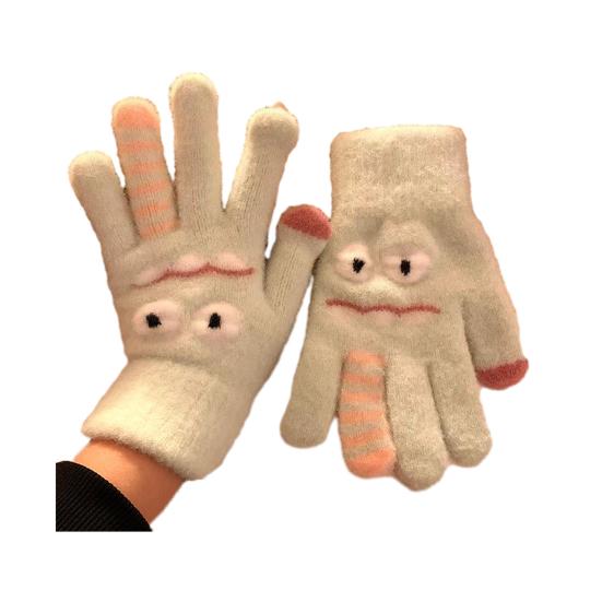 1 Pair Knitted Gloves Flexible Five-finger Thickened Winter Gloves Touch Screen Cute Big Mouth Warm Gloves Student Gloves for Cold Weather