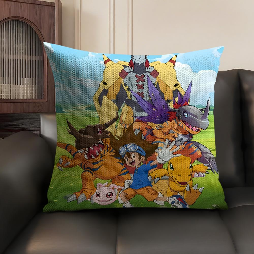 Anime DDigimon AAdventure Cushion Cover Natural Linen Organic Fabric DoubleSided Printing Sofa Home Decor Gift Pillow Case