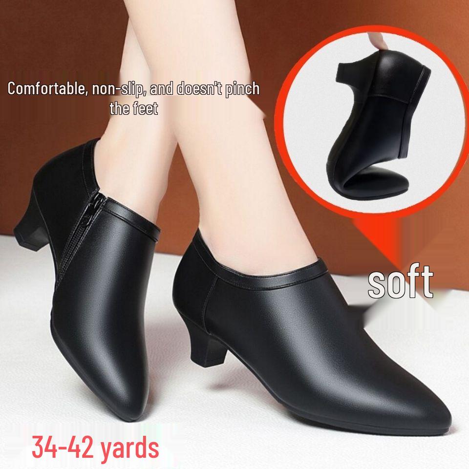 Women's Black Genuine Leather Fleece-Lined Work Shoes - Soft Sole, Wear-Resistant, Low Heel for Autumn/Winter