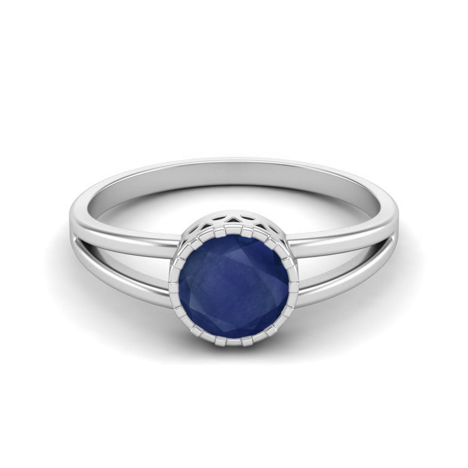 1.05 Cts Round Bezel Set Blue Sapphire 925 Sterling Silver Split Shank Women Engagement Rings
