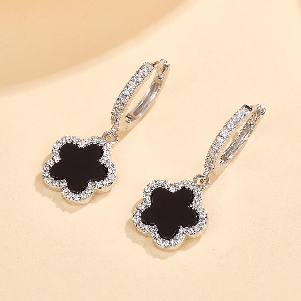 S925 Silber Vierblättrige Kleeblatt Ohrringe mit schwarzem Achat-Inlay - Luxuriöser High-End Echtsilber Schmuck