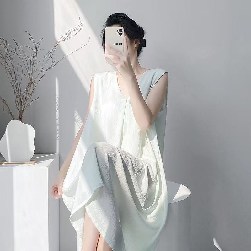 1011 new air cotton nightgown women's spring and summer sleeveless large size solid color pajamas loose maternity loungewear