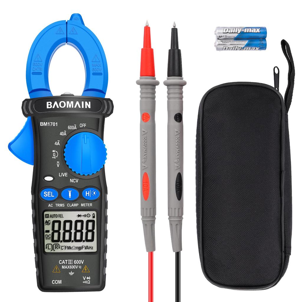BAOMAIN - Digital Clamp Meter, 4000 Count Multimeter, Measures 4A/40A/600A AC Current, AC/DC Voltage, Resistance, Diode, Continuity, NCV, Wire Test, B