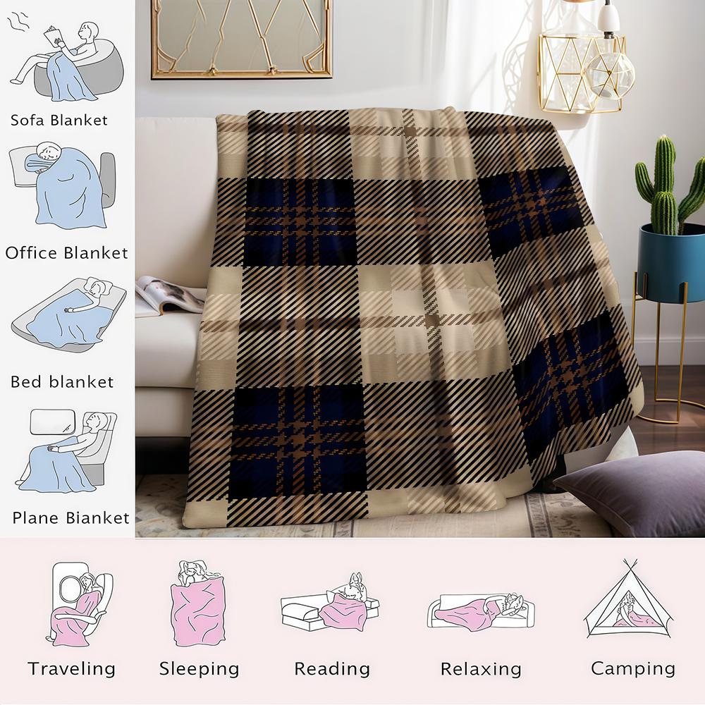 Couverture Flanelle Texture Carreaux Bleu Marine Chaude Douce Halloween Noël Canapé Chaleureux Confortable Décoratif Décor Cadeau Toutes Saisons