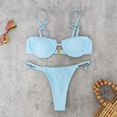 Fashion Bead Chail Women Low Waist Bikini Swimsuit New Sexy Solid Color Lady Biquini Bathing Suit Vacation Female Swimwear