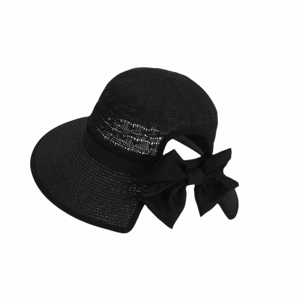 Fashion Breathable Straw Hat Ponytail Hole Wide Brim Sun Hat Bow-tied Solid Color Summer Hat Women