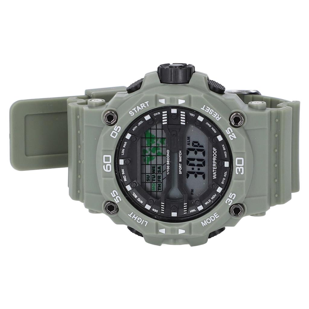Men Watch LED Night Light 50m Waterproof Large Screen Rubber Strap World Time Zone Digital Display Watch OD Green