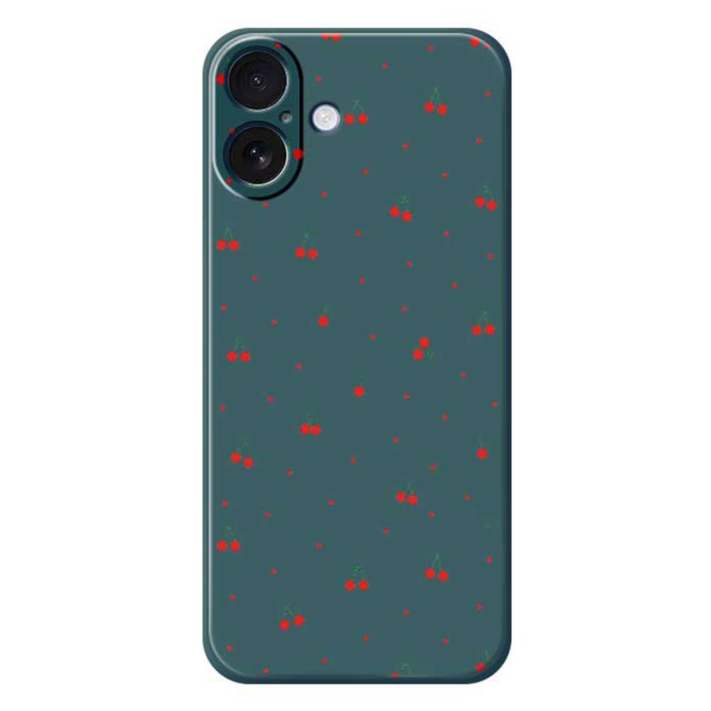 

For iPhone 17 Case Red Cherry Pattern Printing Straight Edge TPU Phone Back Cover Green