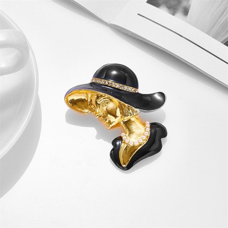 Blucome Crystal And Pearl Beauty Head Brooches For Women Black Color Fashion Girl Pin Elegant Accessories High Quality New