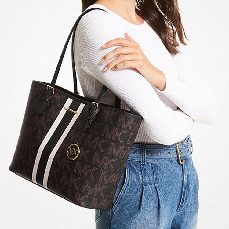 Michael Kors MK Jet Set Travel Monogramma Bianco e Nero a Strisce Grande Capacità Borsa a Spalla in Pelle Donna tote 35S1GTVT2B-BLACK-COMBO