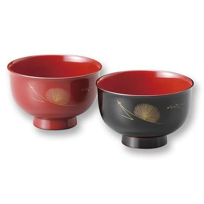 Nomura Lacquerware, Echizen Lacquer, Pine Needle Gold-Tone Design, Pair of Two Red and Black Soup Bowls, 12-03801